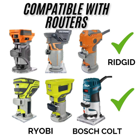 Circle Cutting Jig For Trim Routers, Your Go To Tool For Perfect Circular Cutouts Every Time, Adjustable Radius From 1.6 Inches To 37 Inches, Universal Fit For Popular Routers, Woodworking Tool With Clean Edges And Repeatable Results, Made In USA compatible routers display.
