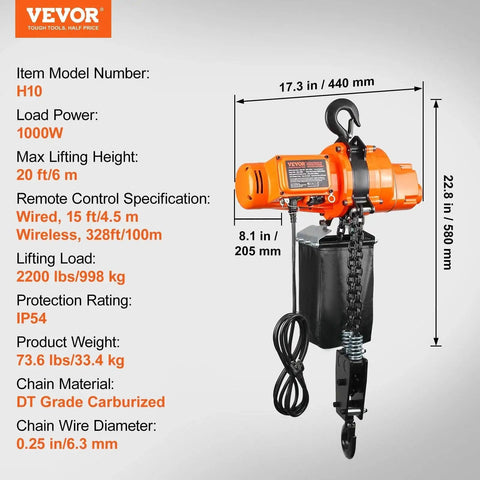 Electric Chain Hoist 2200 Lb 20 Ft Lift 120V Single Phase Remote Control with DT carburized chain displayed front view