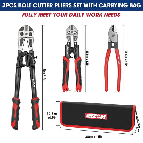 Three Piece Bolt Cutter Pliers Set With 14 Inch Heavy Duty Bolt Cutter 8 Inch Mini Bolt Cutter And 8 Inch High Leverage Cable Cutter Carrying Bag Cr V Blade For Cutting Locks Steel Wire Barbed Wire And Chains