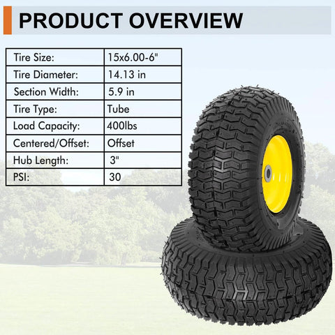 2 Pack Front Tire And Wheel Assembly For Riding Mowers 15x6.00-6 Fits 100 And 300 Series With 3 Inch Offset Hub And Adapter Kit