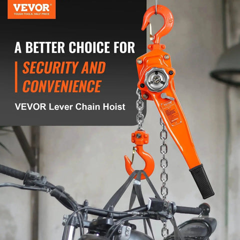 1.5 Ton Manual Lever Chain Hoist With Double-Pawl Brake 10 Ft Lift lifting a bicycle in a workshop setting