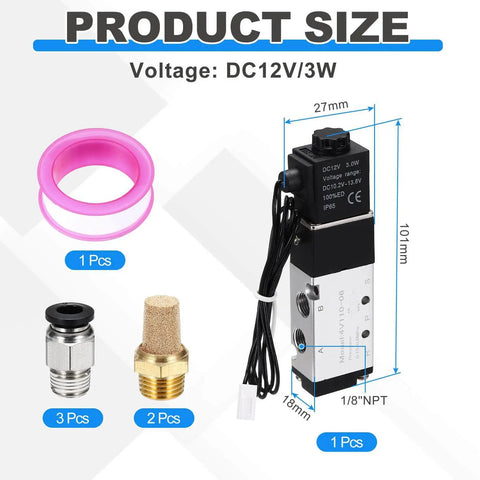 Aluminum 5 Way Pneumatic Solenoid Valve DC 12V Normally Closed 2 Position With One Eighth Inch NPT Ports and connectors
