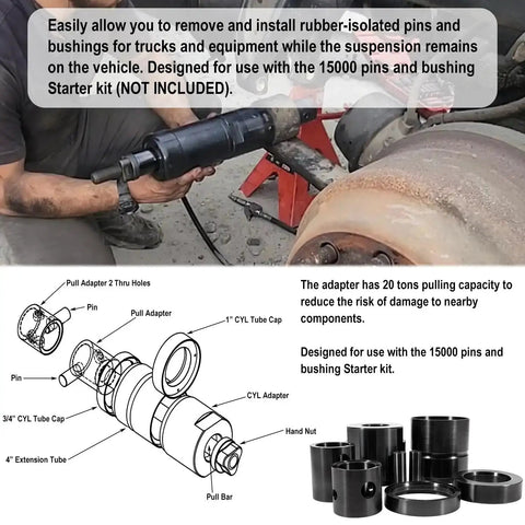Man using Leaf Spring Pin And Bushing Adapter Service Kit Remover And Installer Tool Set For Heavy Duty Trucks And Equipment Pro Grade Maintenance Kit For Fleet Mechanics And Auto Shops