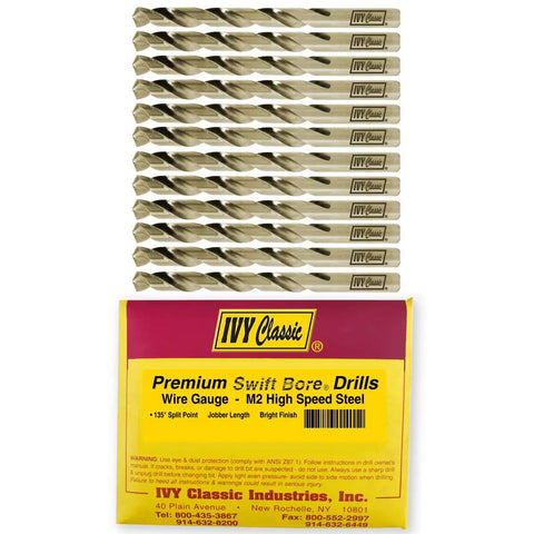 Wire Gauge No 36 Drill Bit Set In M2 High Speed Steel With 135 Degree Split Point Jobber Length Swift Bore Premium Heavy Duty Bits Built Tough Hardened For Stainless Steel Wood And Plastic 12 Pack displayed with packaging.