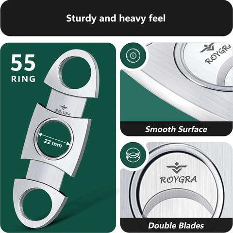 roygra Cigar Cutter Set (2 Pack), Guillotine Double Blade, Stainless Steel, 55 ring size, showing smooth surface and double blades