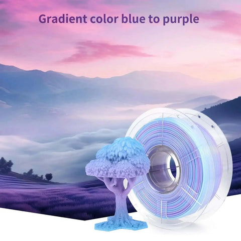 PetG Filament 1.75mm Gradient Translucent Blue to Purple spool and 3D printed tree art piece.