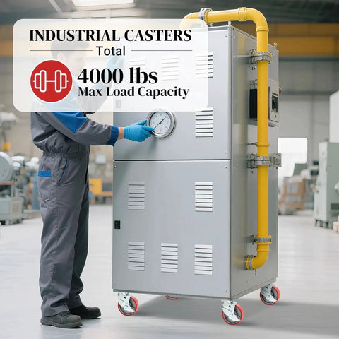 Industrial machine on 5 inch industrial casters with low noise polyurethane wheels on steel hubs, showcasing 4000 lbs capacity.