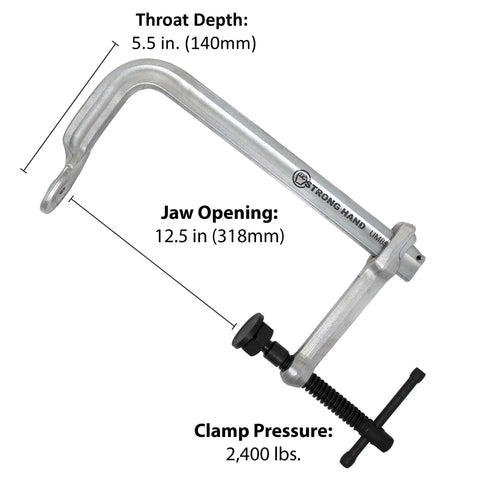 Regular Duty Bar Clamp, 8.5 Inch Capacity, 2400 Lbs Clamping Pressure, 5.5 Inch Throat Depth, metal construction, side view.
