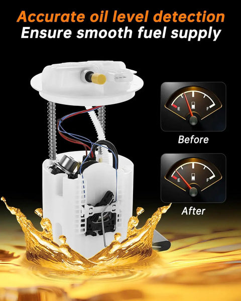 Electric Fuel Pump Module Assembly E7272M for 3.6L V6 Engines with fuel level gauge showing before and after installation.