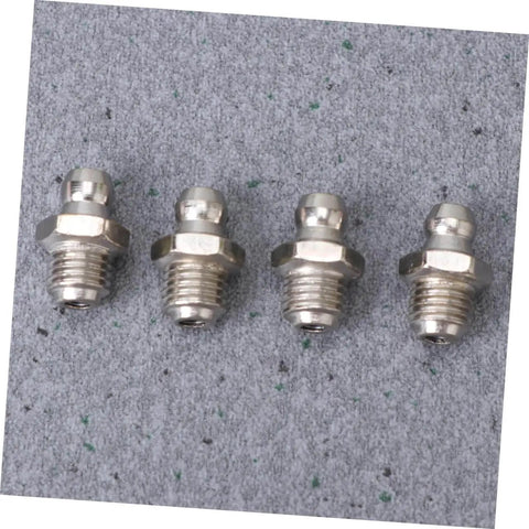 Four metal grease fittings from a Grease Zerk Fittings Kit, 45-Piece Metric Assortment With Straight, 45-Degree, And 90-Degree Angles For Bearings