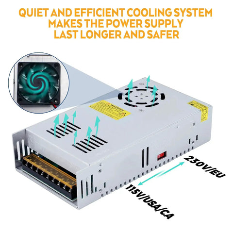 Beefy 24V 25A 600W DC Power Supply Adapter SMPS With Universal 110V 220V AC Input showing cooling system and vents.