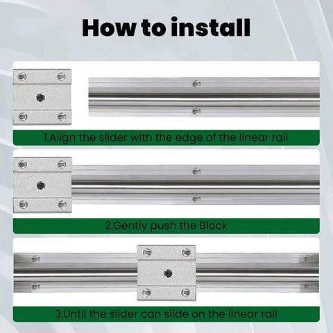 Beefy 600mm SBR25 Linear Rail Kit With 2 Rails And 4 SBR25UU Blocks installation guide showing alignment and sliding steps.