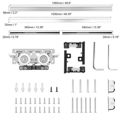 36 To 48 Inch Hidden Sliding Barn Door Hardware And Track With Floating Wall Mount Soft Close Quiet And Smooth Operation Easy To Install For Doors Up To 48 Inches Concealed Track For A Clean Modern Look And Durable Steel Hardware components layout