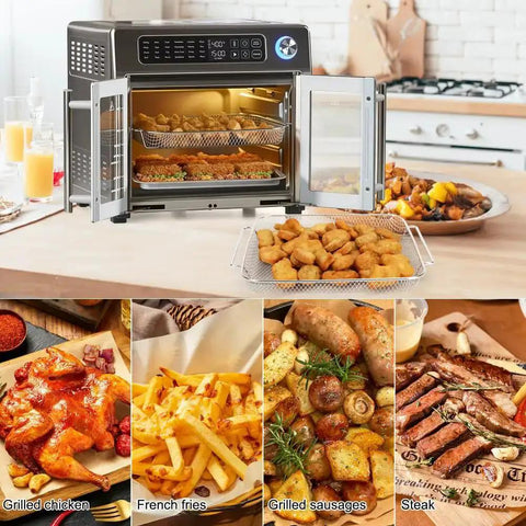 Replacement Air Fryer Basket For Emeril Lagasse 26 Qt French Door Oven 360, filled with food, showcasing size and stainless steel material.
