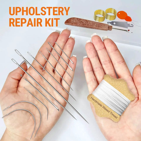 Upholstery Repair Kit with waxed thread and heavy duty needles for leather canvas and quilting, 0.55mm thick, 22 yards white thread.