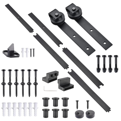 6.6 Ft Sliding Barn Door Hardware Kit For Heavy Duty Closet And Cabinet Doors, Hanger Track Rail Roller System parts displayed