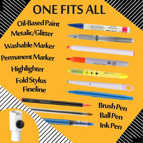 Universal Pen Adapter For Maker 4 3 Explore 4 3 Air 2 Air Maker Explore Cutting Machines That Fits All Pens Markers And Stylus Tools Under 0.5 Inch Diameter Tested With 100 Plus Pens For Smooth Drawing By CRAVERLAND with various pens displayed. Image shows compatibility with diverse pens including oil-based and metallic pens.