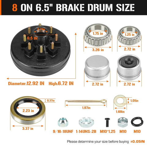 8 On 6.5 Inch Bolt Circle Drum Brake Kit With 12 By 2 Inch Left And Right Electric Brakes For 7000 Lb Trailer Axle Cone Bearing