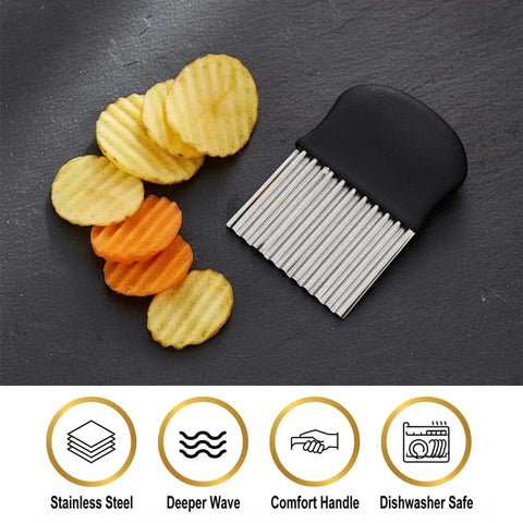 Stainless Steel Crinkle Cutter for Veggies and Fries With a Sharp Wavy Blade next to crinkle-cut slices on a dark surface.