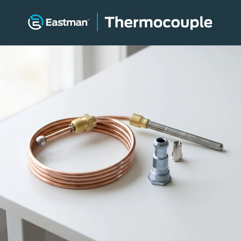 Eastman 18-inch gas thermocouple kit on white surface with copper coil, brass fittings, and stainless steel probe.