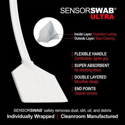 Sensor Swab Ultra 20mm Type 1 for digital camera sensors cleaning dust and oil, showing its flexible handle and absorbent microfiber head.