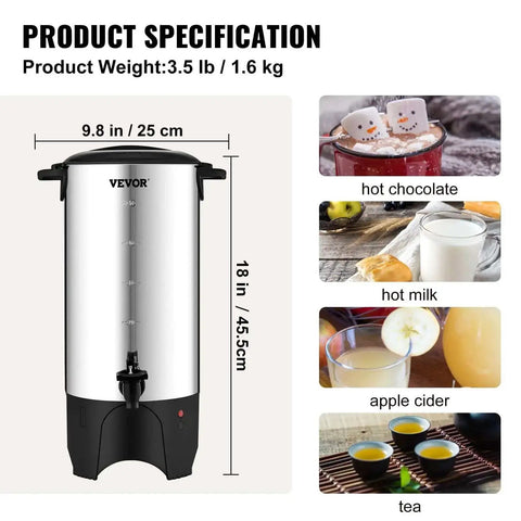 Heavy Duty Coffee Urn 50 Cup 7.5L Stainless Steel Dispenser With Step Discharge Spout For Mess Free Pour, 1000W 110V Electric Brewer