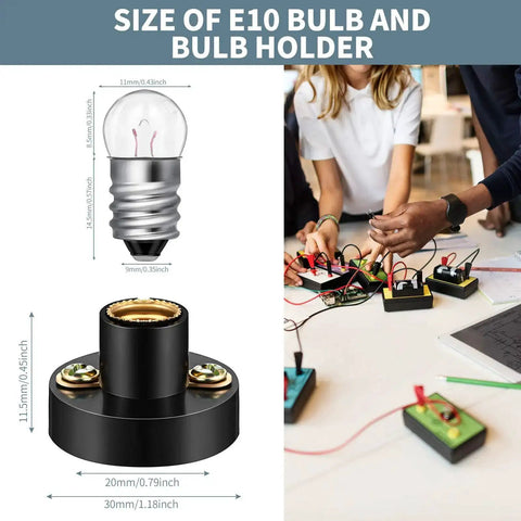 Diagram showing size of 30 Piece E10 Mini Bulbs with Black Plastic Socket Holder for DIY Projects and Student Experiments.