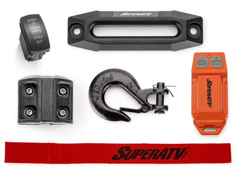 SuperATV 4500 lb UTV winch kit with orange wireless remote, hook, clevis, strap, and fairlead