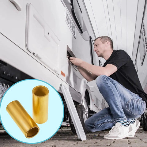Man installing Six Piece Trailer Leaf Spring Bushing Kit With Brass Shackle Bushings For Trailer Axle Replacement next to trailer