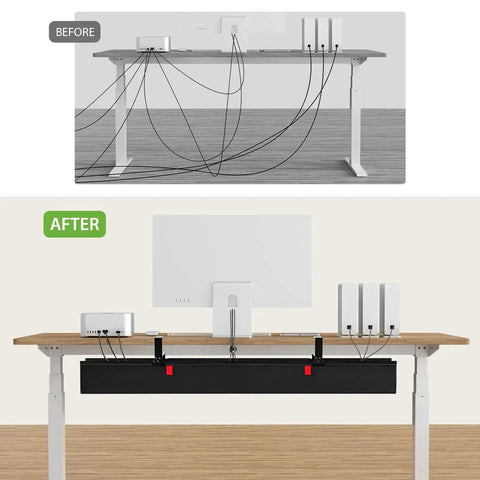 Huge 48 Inch Under Desk Cable Management Tray With Clamp Or Screw Mount No Drill Setup Holds Up To 70 Lbs Fabric Wire Organizer in use