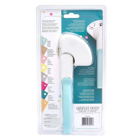 Back view of Multi Size Hole Punch For Leather, Paper, Fabric And More Rotates Through Five Hole Sizes in packaging, showing tool details.