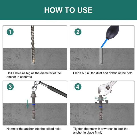 Step-by-step installation of Concrete Wedge Anchors One Half Inch By Five And One Half Inch Heavy Duty Ten Pack in concrete.