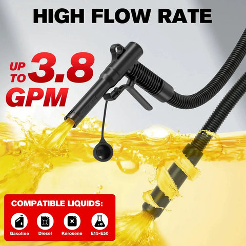 Battery Powered Fuel Transfer Pump With Auto Stop, 3.8 GPM Gushing Fuel, 71 Inch Hose, Compatible with Gasoline Diesel Kerosene
