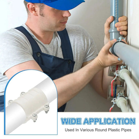 Man installing 2 Inch Water Pipe Repair Clamp PVC Leak Sealer For 50 Millimeter Outer Diameter Pipes, showing wide application use