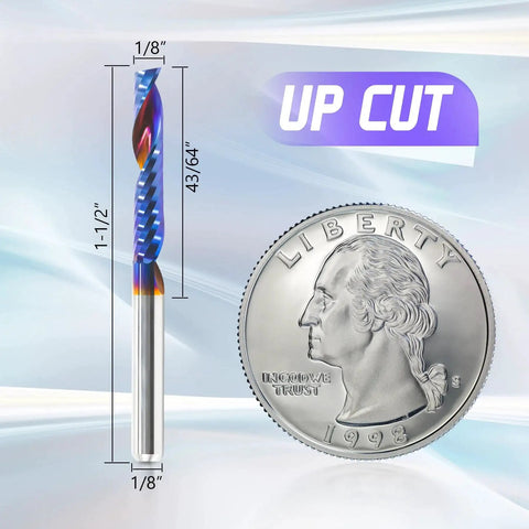 O Flute CNC Router Bit 1/8 Inch Shank compared with a coin, showing size and upcut design.