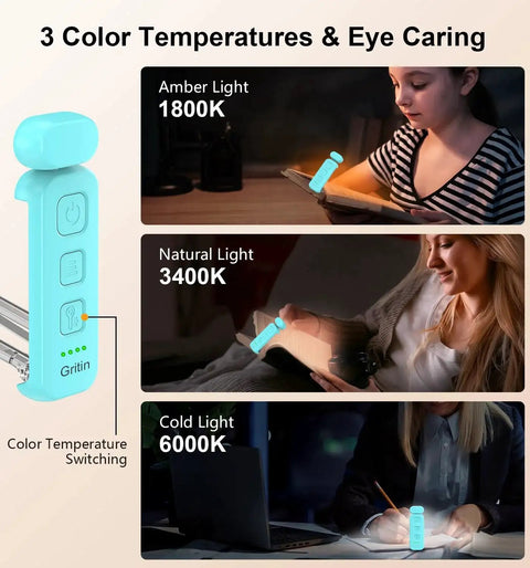 Rechargeable Clip On Reading Light With 3 Color Temps And 5 Brightness Levels shown in use with color temperature options.