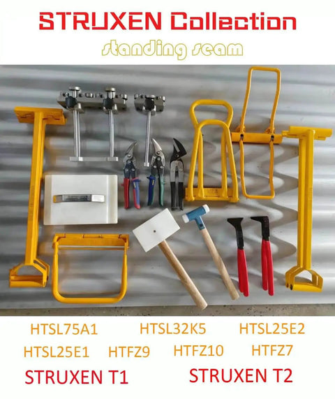 Eaves Seam Locker For Standing Seam Metal Roofs HTSL25E2 shown with tools for drip edge and rake edge hem bends, 90-180°.