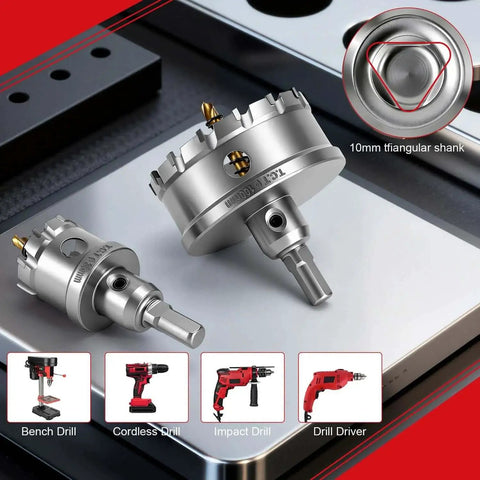 4 Inch Tungsten Carbide Tipped Hole Saw Set with Spring Loaded Pilot Bits 100mm for cutting through metal, displayed on table