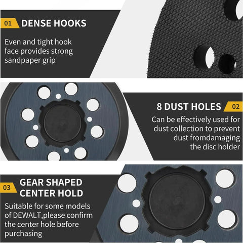 Close-up of 5 Inch 8 Hole Hook And Loop Sander Pad Replacement detailing dense hooks, dust holes, and gear-shaped center hold.