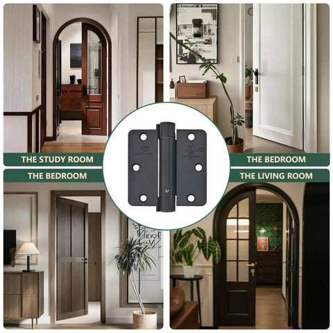 Self Closing Door Hinge Set Three And A Half Inch Matte Black Auto Close Spring Hinges for Commercial Doors in various interiors.