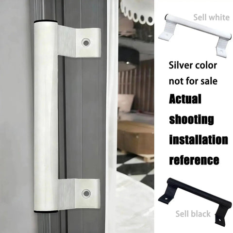 Two Pack 8 Inch Aluminum Sliding Door Handle Set In White installed on patio door, ergonomic design, smooth finish.