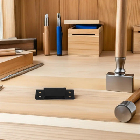Heavy Duty Hidden Door Hinge 5 Inch Black Square Pivot for Interior Bookcases and Folding Boxes on wooden table