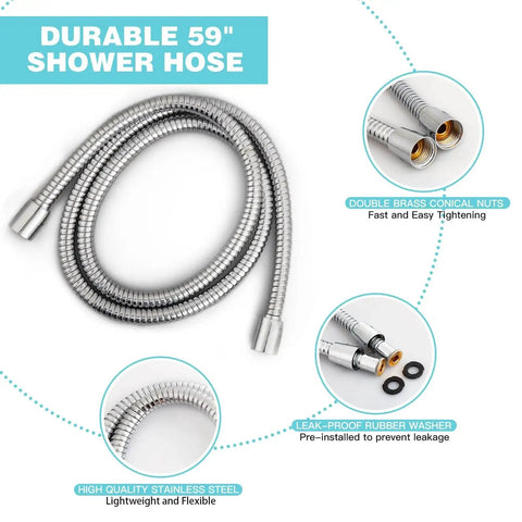 Close-up of 59-inch hose for 6-Setting Handheld Shower Head In Chrome With Adjustable Holder, stainless steel and brass nuts.