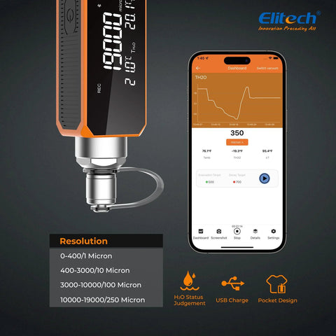 Elitech VGW-Mini wireless digital vacuum gauge with adaptor, orange/black, 0-19000 micron, app alarms and phone display