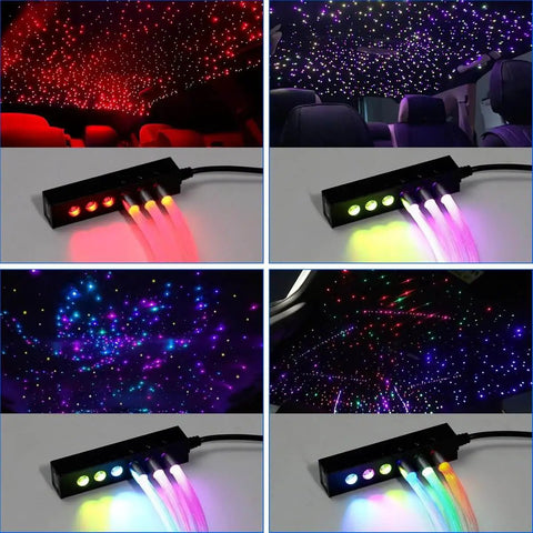 6-Hole RGB Fiber Optic Headliner Starlight Kit with APP Control, showcasing starry ceiling effect and color-chasing lights.