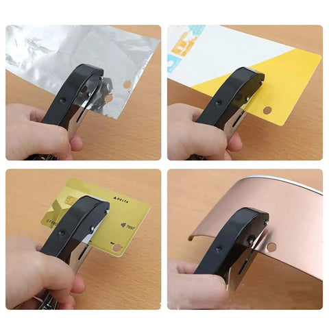 Handheld 8mm Hole Paper Punch used on various materials, ergonomic all-metal design for office, home, school use, punches up to 25 sheets.