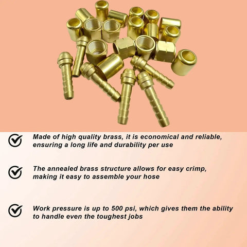 Brass components from a 1/4-Inch Torch Hose Repair Kit For Oxygen And Acetylene With Brass Fittings, showcasing nipples and connectors.