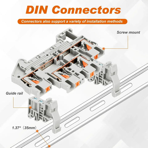 DIN Rail Terminal Block Kit With Screwless Push In Twin Spring Connectors ST2-2.5/2-2, 3D view, shows guide rail and screw mount points.