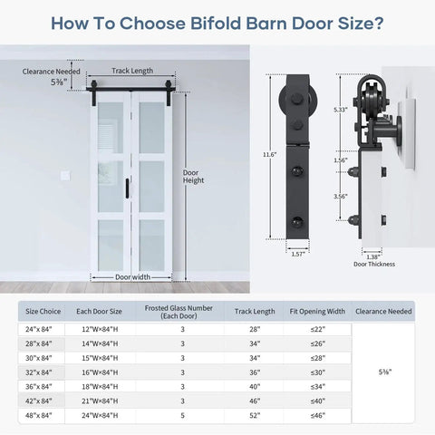 42 By 84 Inch Bifold Barn Door With Hardware Kit Solid MDF Slab Covered With Waterproof PVC Surface Frosted Glass Panel Space Saving Sliding Door For Bathrooms Bedrooms Laundry Rooms And Kitchens Assembly Required installation guide.