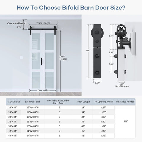 Diagram showing bifold barn door with frosted glass panel, hardware, and size chart; visible size 36 by 84 inch space saver.
